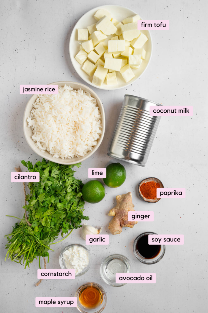 Ingredients for coconut lime tofu laid out and labeled clearly on a light background.