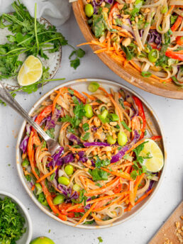 Large serving bowl of Thai noodle salad, with more visible in the corner, and a fork sticking out.