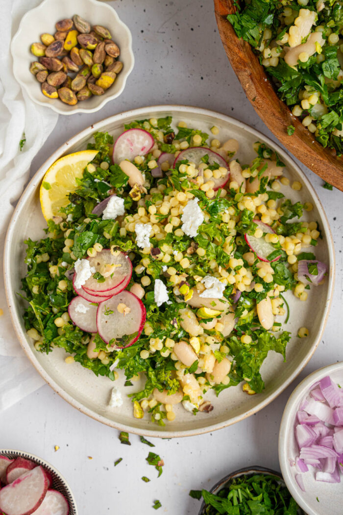 Top down shot of the couscous kale white bean salad.