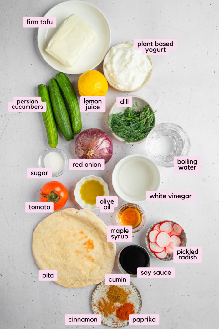 Ingredients for vegan shawarma laid out and labeled on a light clear surface.