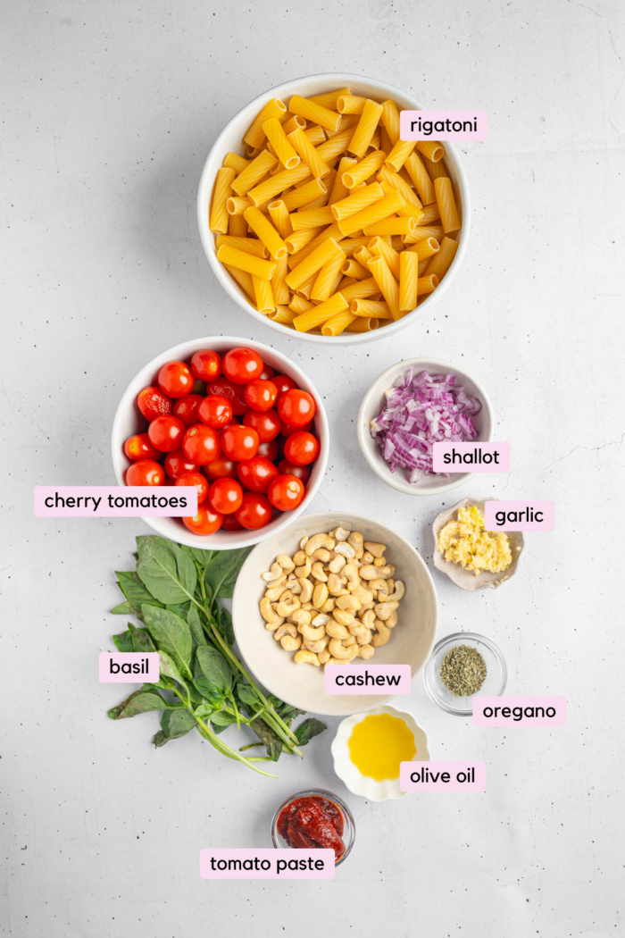 Ingredients for the creamy tomato pasta laid out and labeled on a light background.