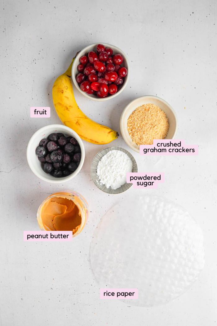 Ingredients for the air fryer sweet rice paper dumplings laid out and labeled on a white background.