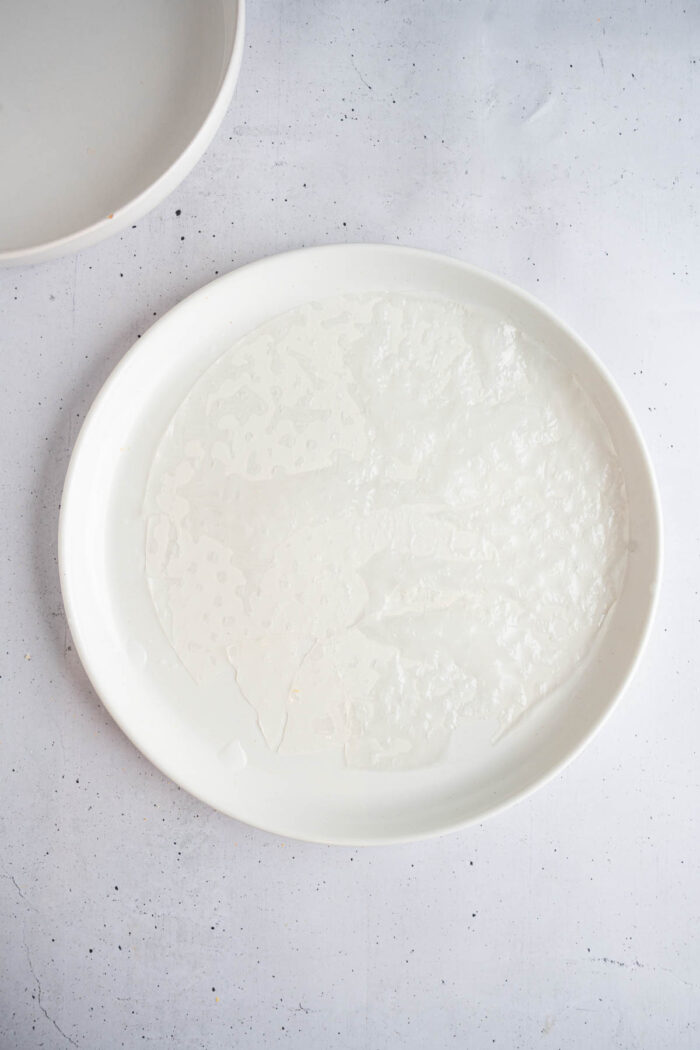 A sheet of rice paper laid out on a plate after being run under water.