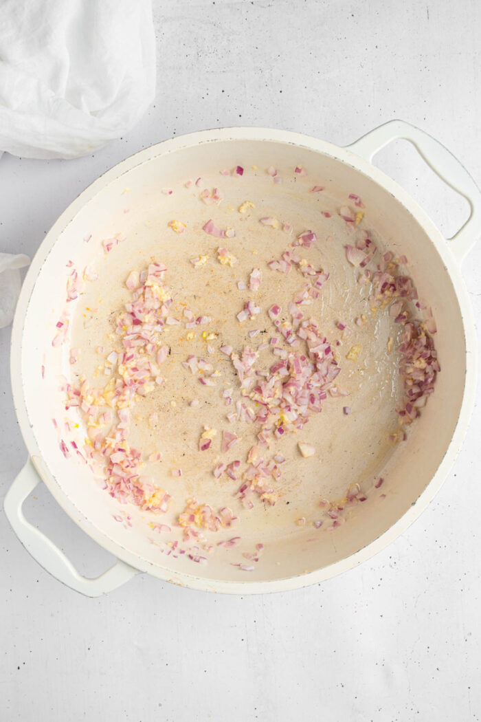 Shallot and garlic sauteed in a non stick pan.