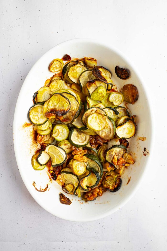 Roasted zucchini with onions, garlic and seasonings.