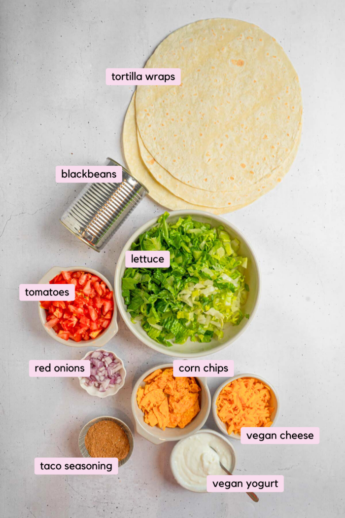 Ingredients for a simple sheet pan crunchwrap laid out and labeled on a white background.
