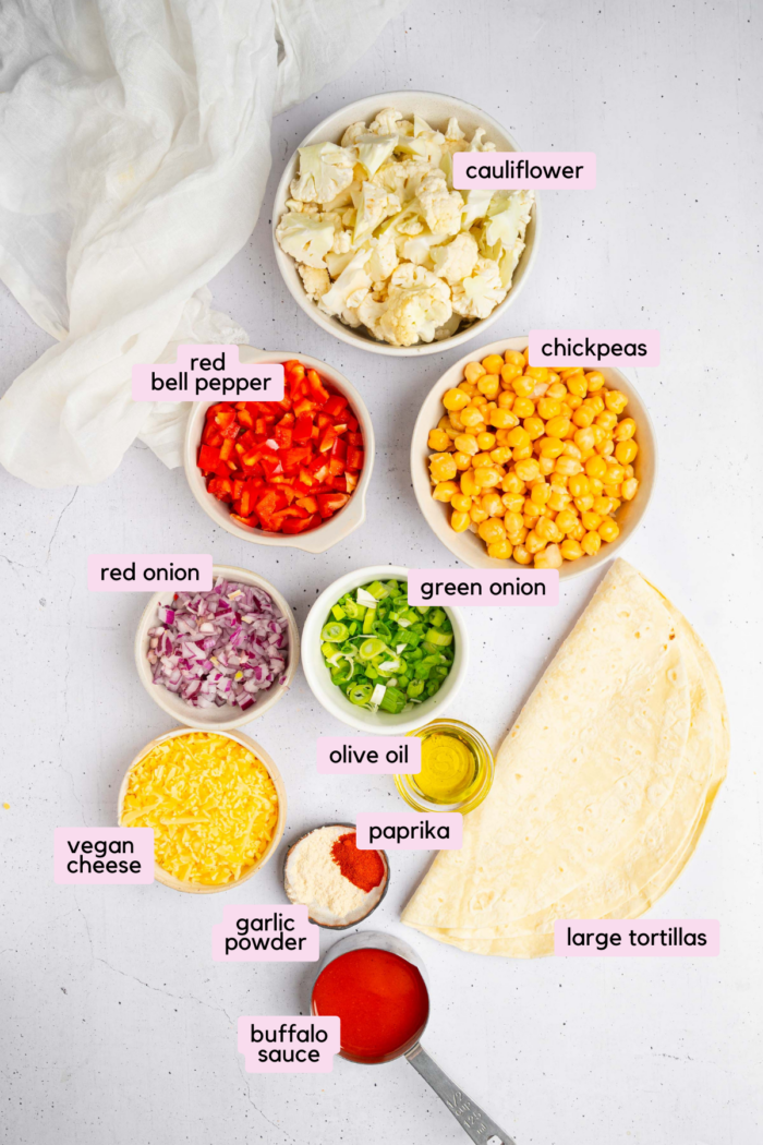 Ingredients for buffalo cauliflower quesadillas laid out and labeled on a light background.