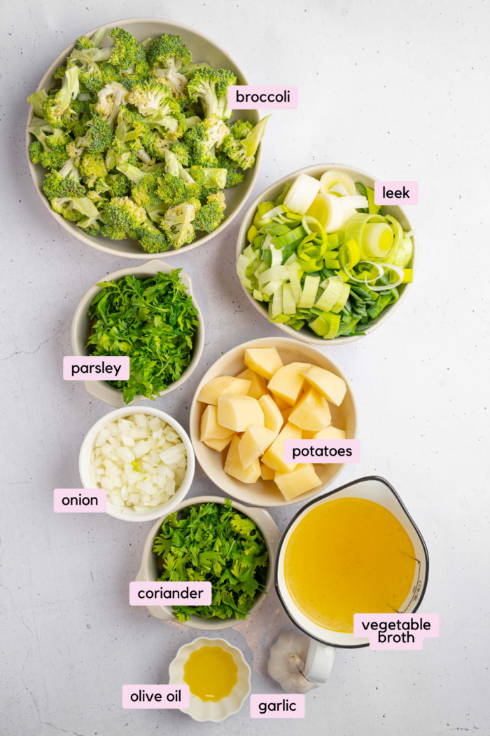 Ingredients for broccoli leek soup lad out and clearly labeled.