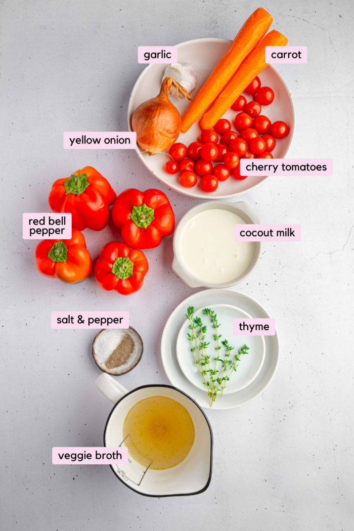 Ingredients for the roasted red pepper carrot soup laid out and labeled on a light background.