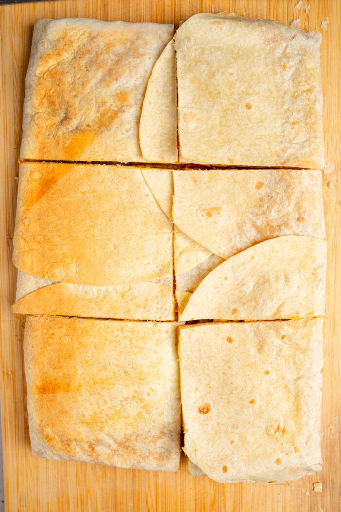 Buffalo cauliflower quesadillas cut into servings.