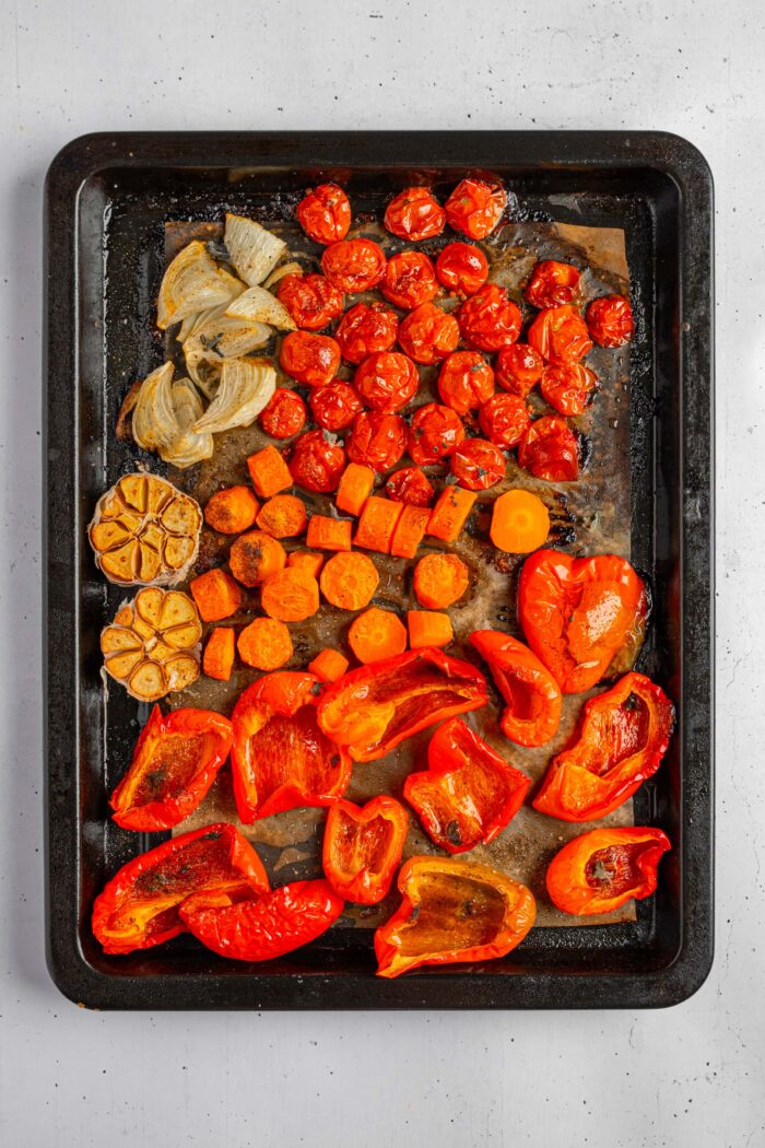 After roasting in the oven for half an hour, the veggies are soft and ready to blend.