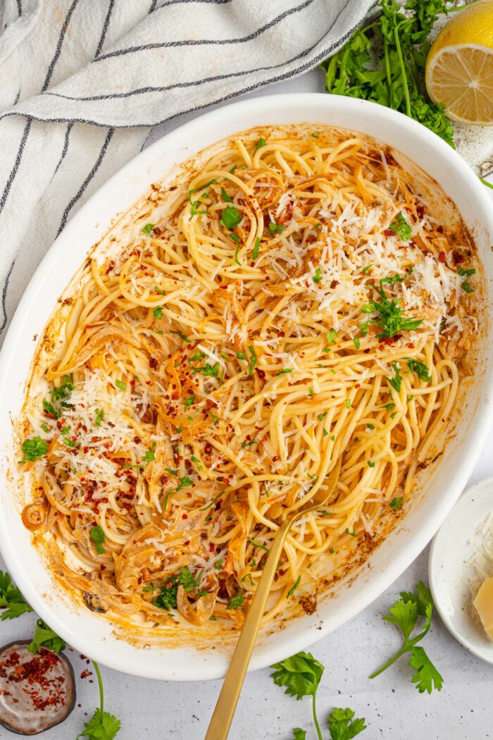 Pasta mixed in with the French onion sauce and topped with vegan parmesan, fresh parsley, and chili flakes.
