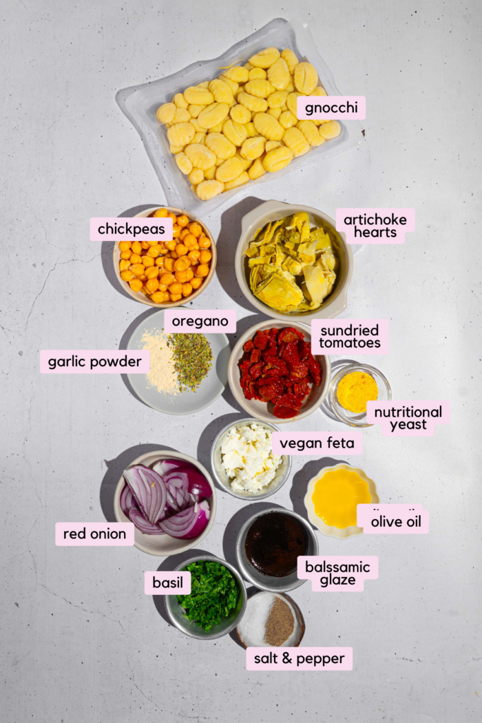 Ingredients for the Mediterranean Gnocchi recipe laid out and clearly labeled on a white background.