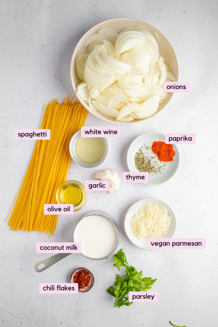 Ingredients for the French onion pasta laid out and labeled on a light background.