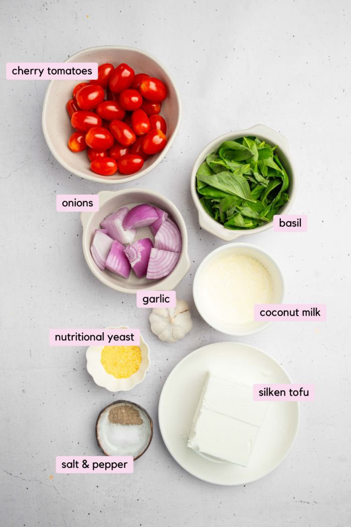 The ingredients for the vegan high protein soup laid out and labeled clearly on a white background.