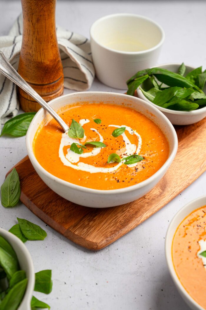 A serving of vegan high protein soup in a white ceramic bowl.