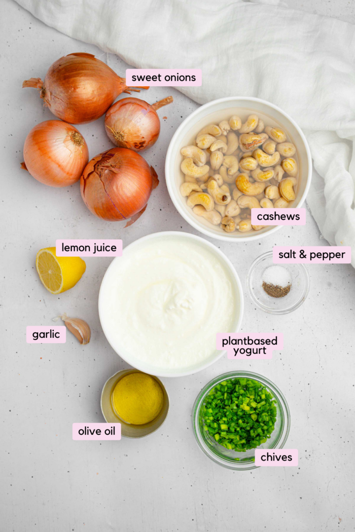The ingredients for caramelized onion dip laid out and clearly labeled on a white background.