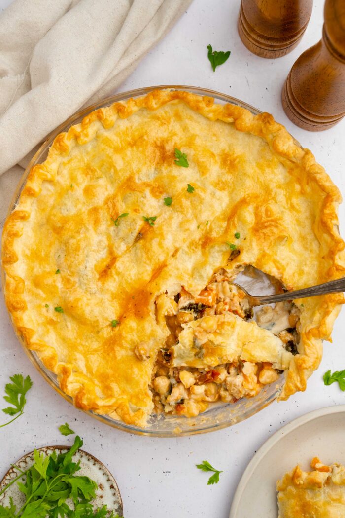 A shot from above, featuring the vegan Tuscan pot pie.