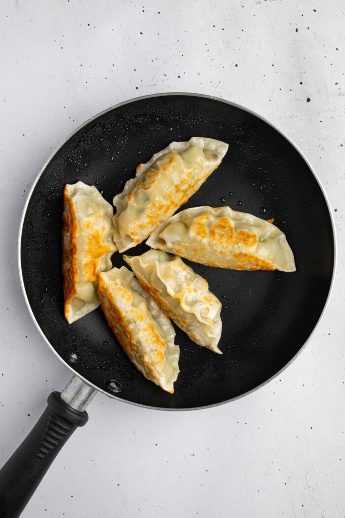 Pan fried vegetable dumplings with a crispy outside.