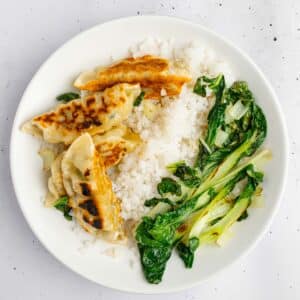Rice, fried dumplings and bok choy laid out in a white bowl.