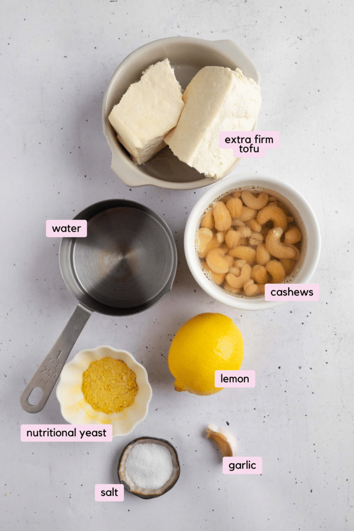The ingredients for tofu cream laid out and labeled against a clear white background.