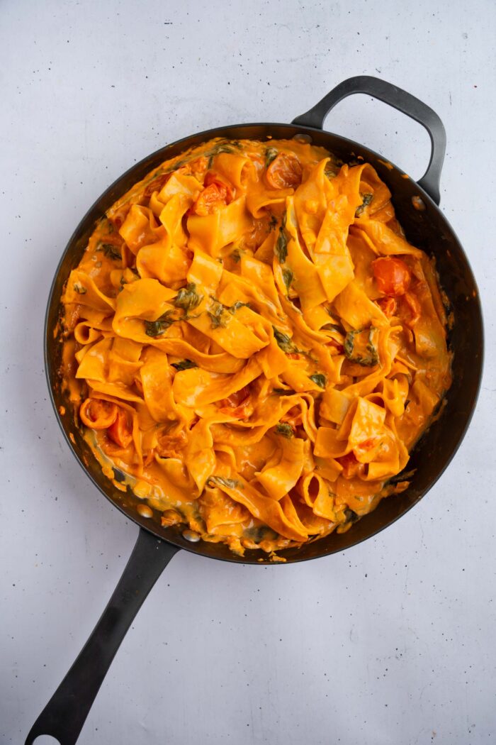 Fully cooked one pot creamy pasta, still in the original skillet.