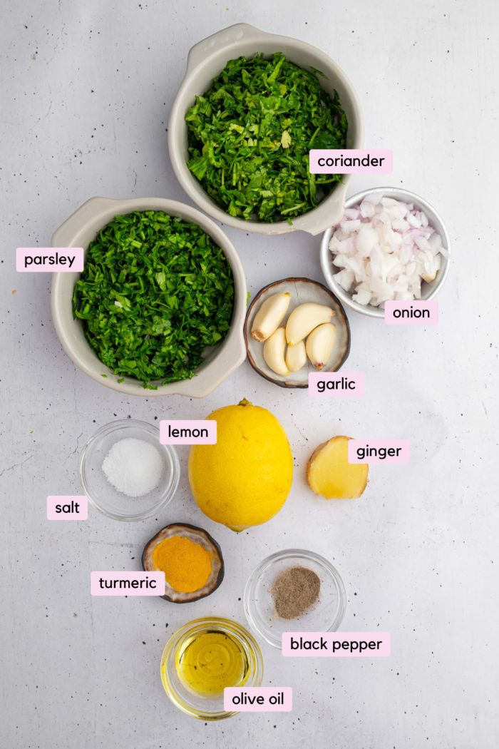 The ingredients for cilantro lemon soup laid out and labeled on a clear white background.