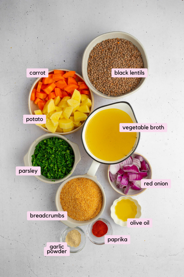 The ingredients for the lentil patties laid out and labeled on a clear white background.
