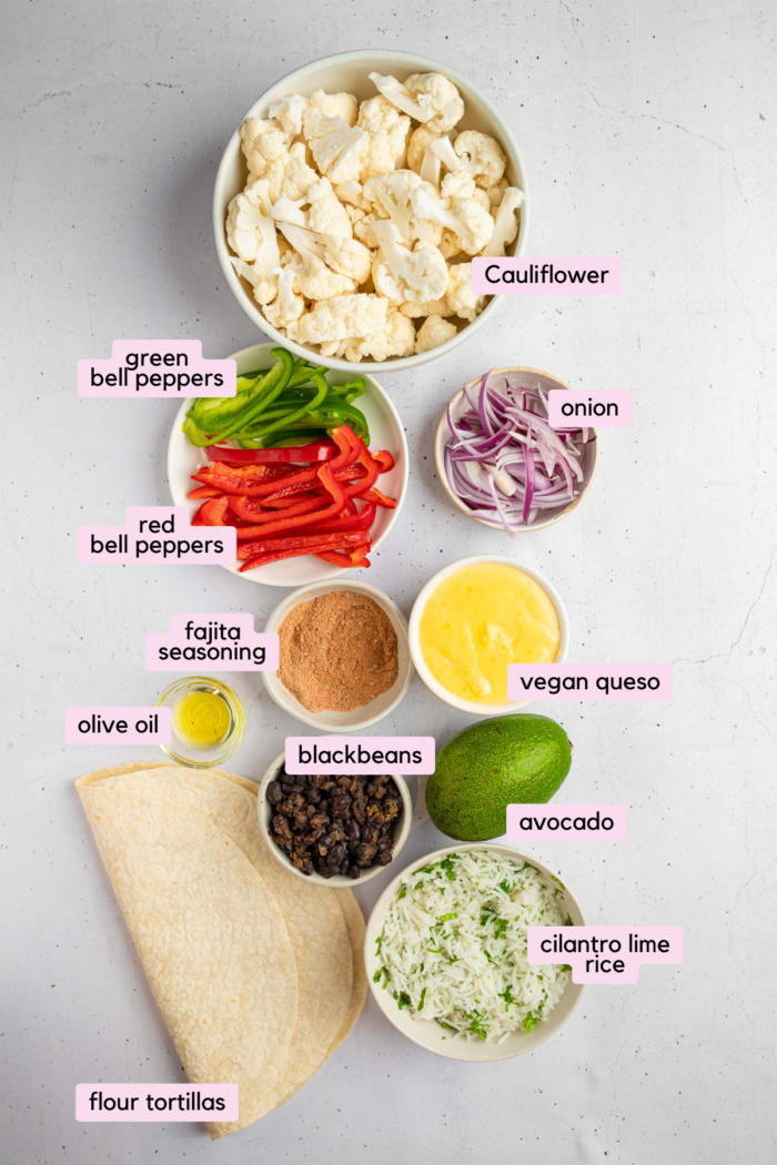 The ingredients for cauliflower burrito laid out and labeled on a clear white background.