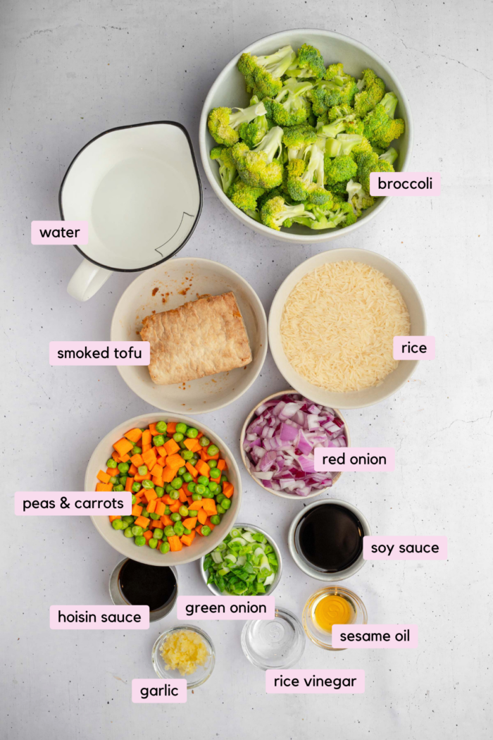 The ingredients for one pot veggie rice laid out and labeled on a white background.