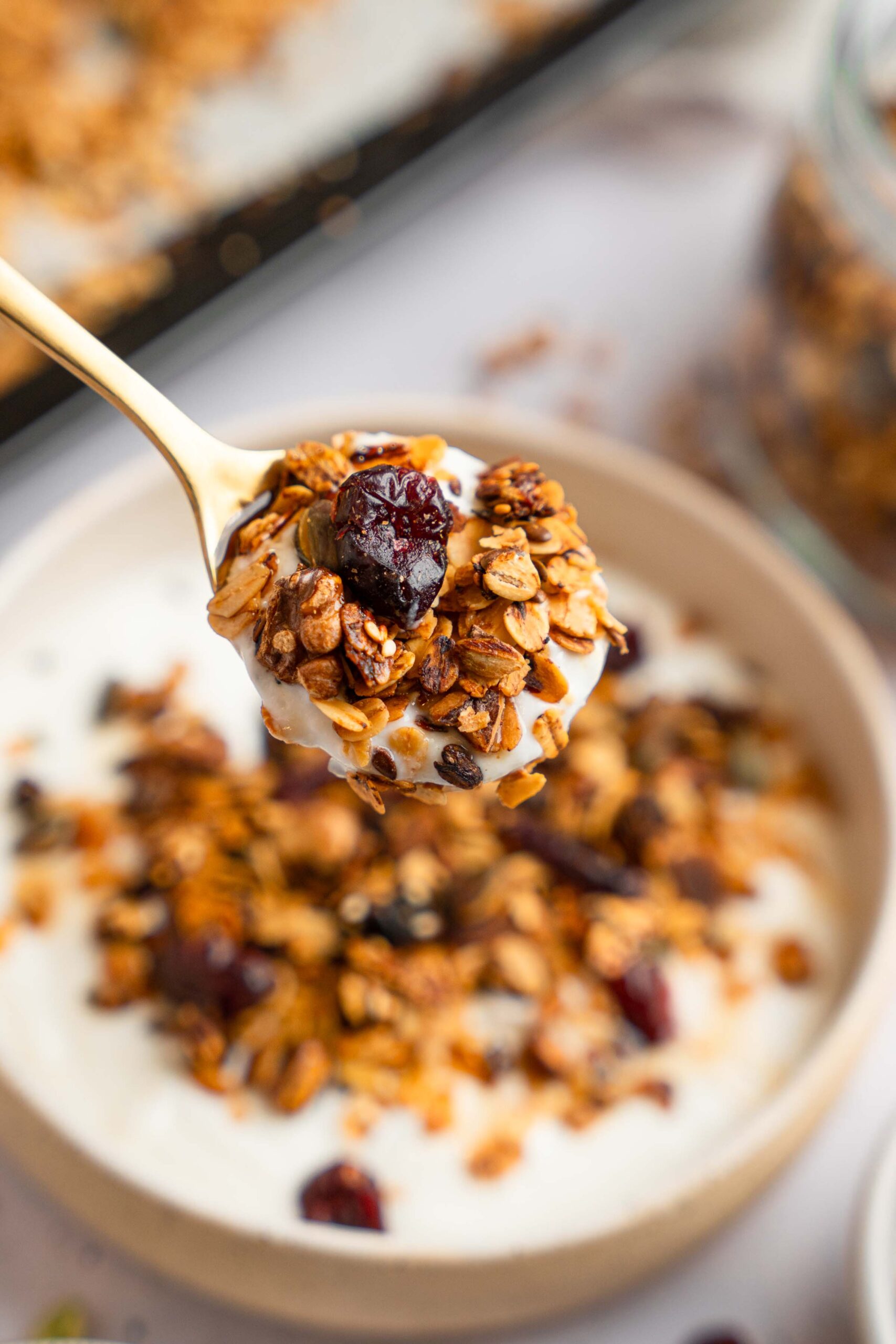 A close up of a spoonful of air fryer granola and yogurt.