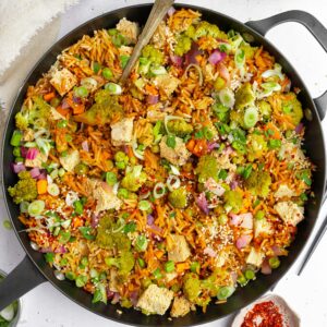 One pot veggie rice mixed together in the pan.