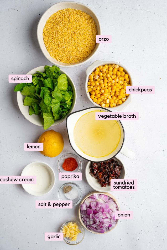 The ingredients for marry me orzo laid out and clearly labeled on a clear white background.