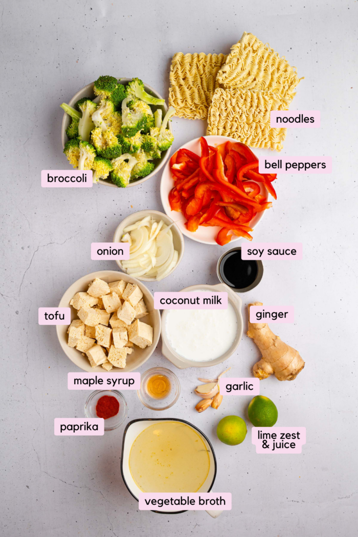 The ingredients for ramen noodle bake laid out and labeled on a white background.