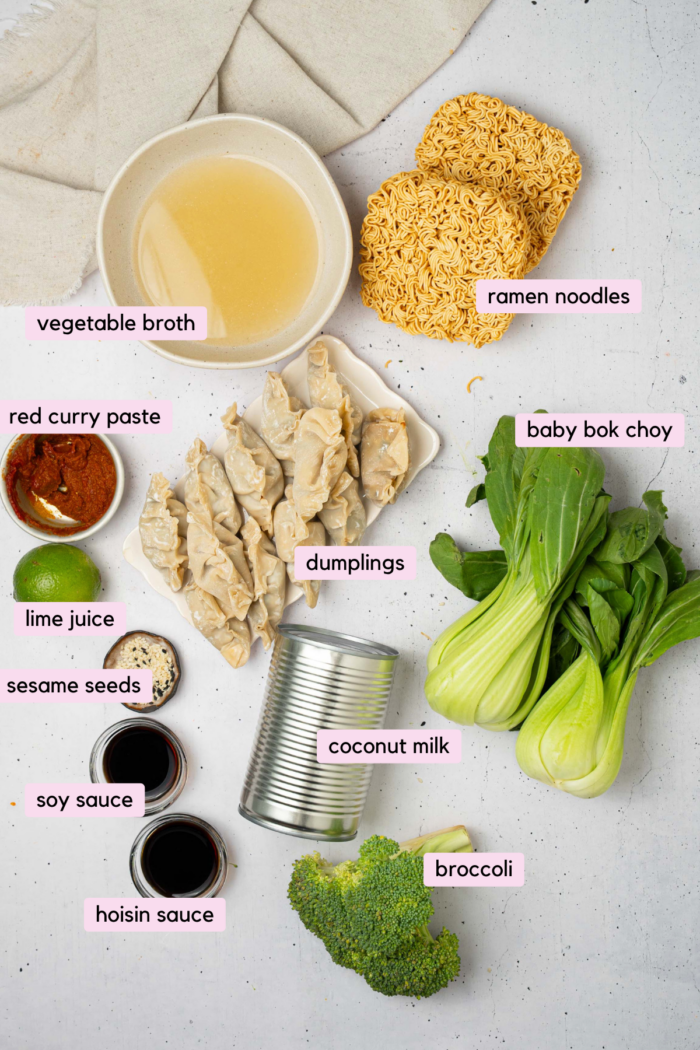 The ingredients for the dumpling bake laid out and labeled on a white background.