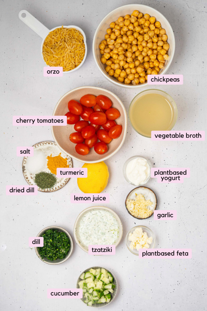 The ingredients for Mediterranean orzo bake laid out and clearly labeled on a white background.