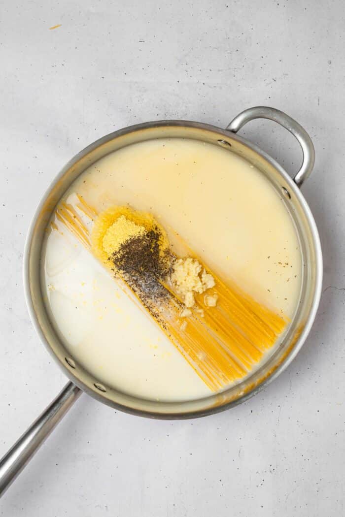 A steel pan with all of the vegan alfredo ingredients, including spaghetti, soy milk, garic, nutritional yeast, and seasonings.