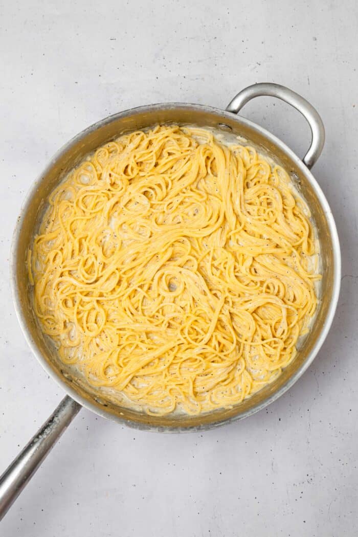 Pasta after absorbing the liquid and forming the sauce.