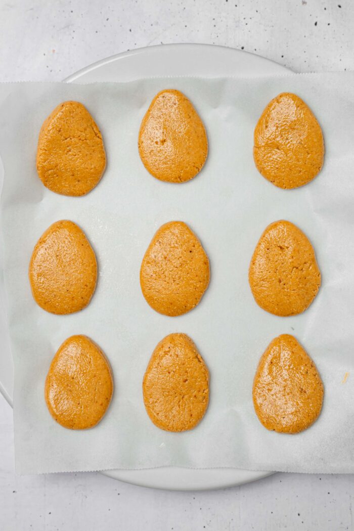 Peanut butter filling split and shaped like Easter eggs.