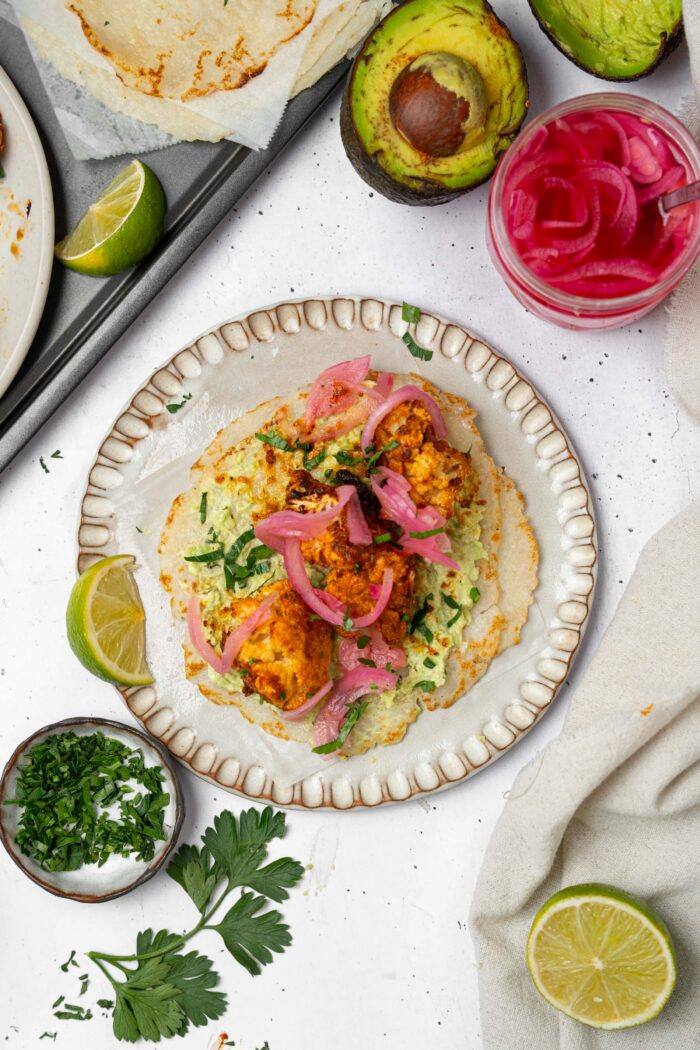 Top down view of rice tortilla loaded with fillings.