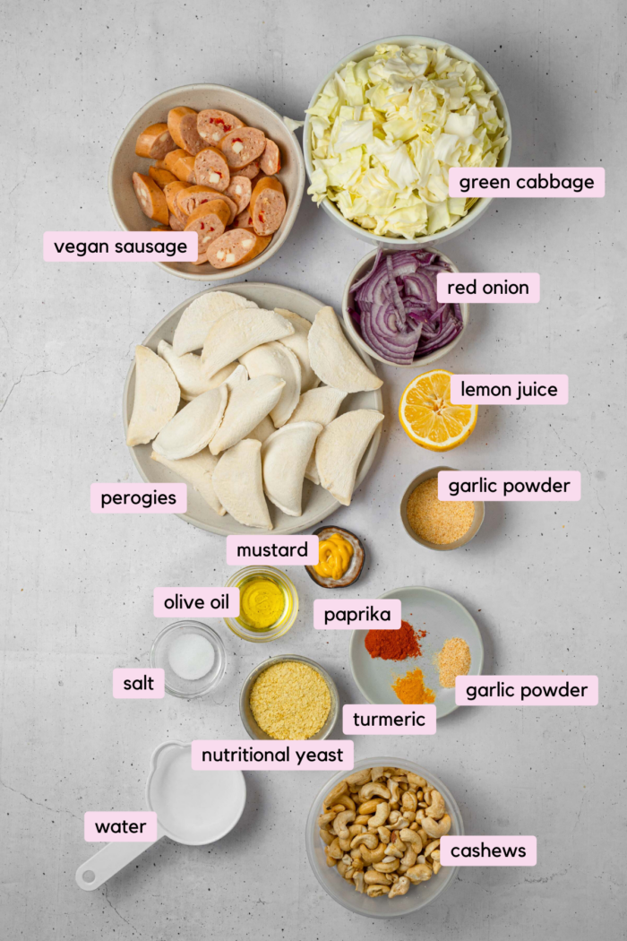 Ingredients for the vegan sheet pan pierogies laid out and labeled on a clear white background.