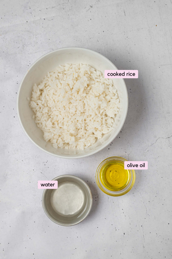 The ingredients for zero waste rice tortillas spread and labeled on a white background.