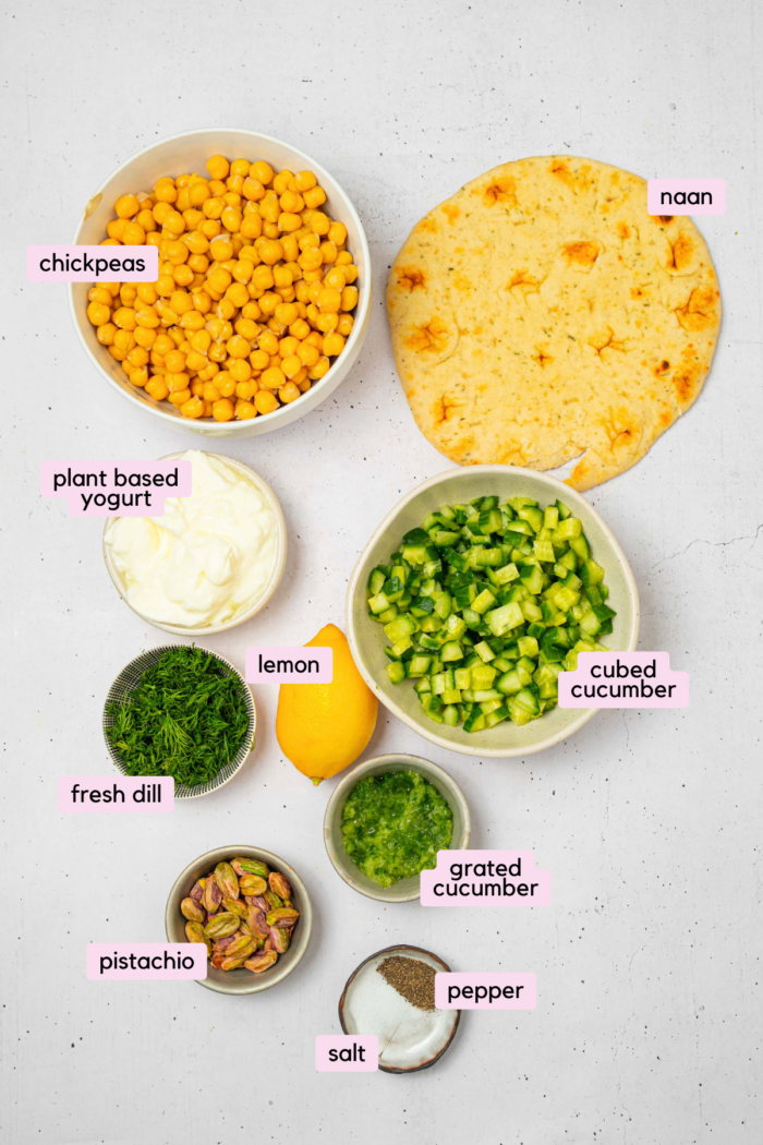 The ingredients for the tzatziki chickpea salad laid out and labeled on a white background.