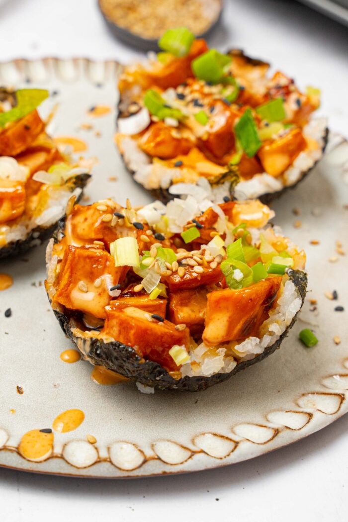 A close up of one of the sushi cups, showing off the sweet potato filling and toppings.