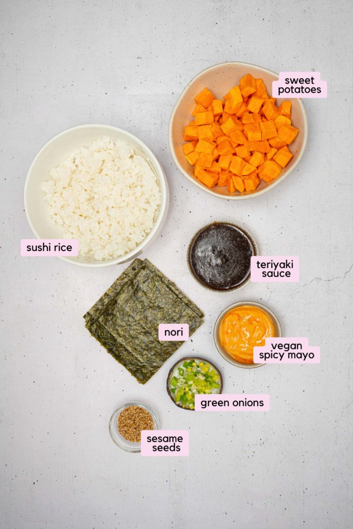 The ingredients for the vegan sushi cups, laid out and labeled on a clear white background.