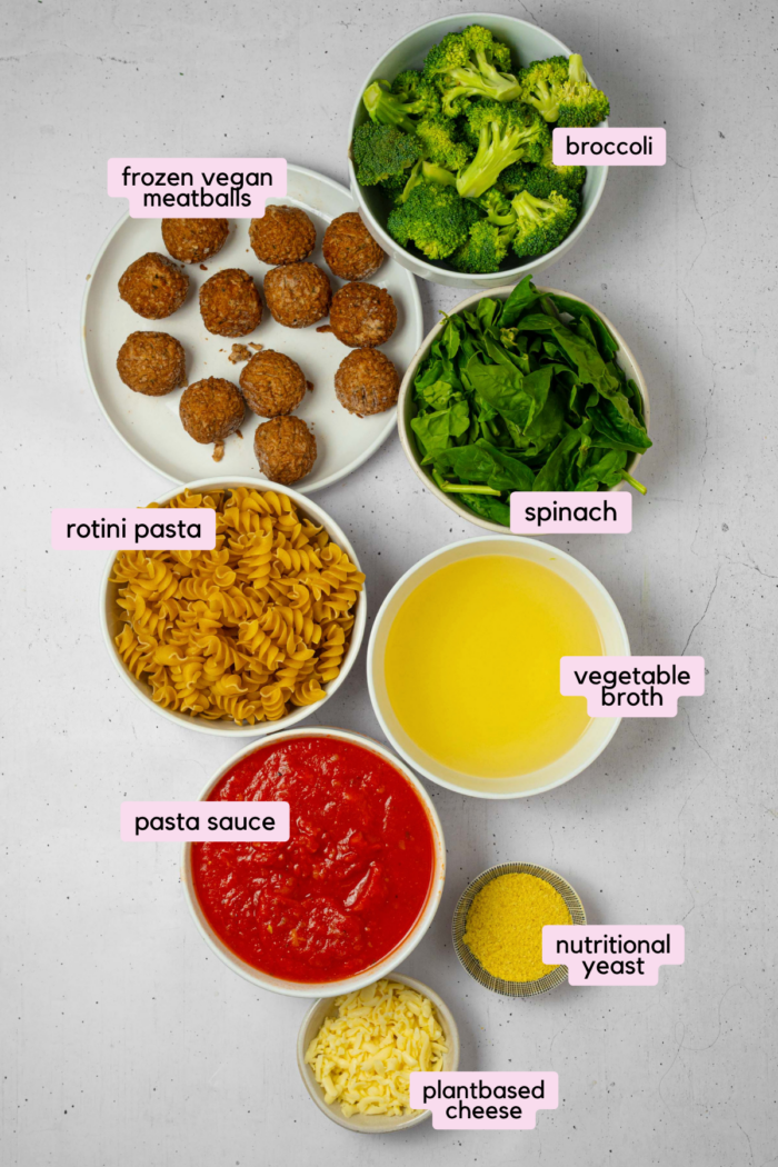 The ingredients for the vegan pasta and meatball bake, laid out and labeled on a clear white background.