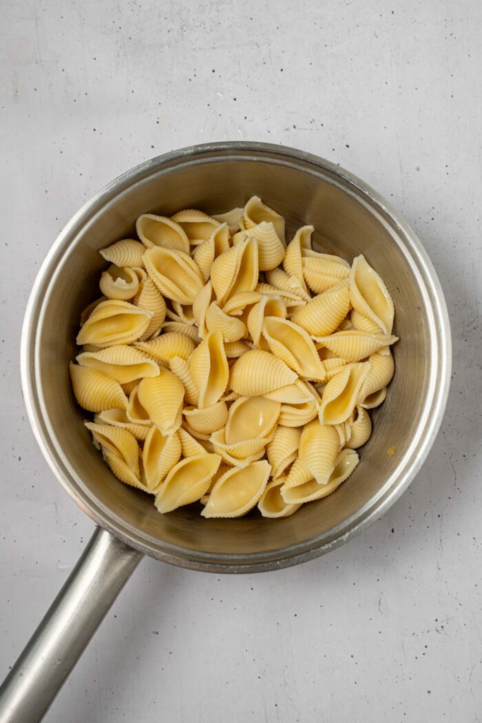 Cooked pasta shells in a steel pot.