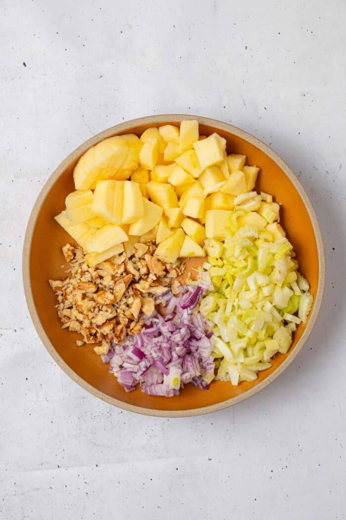 Additional elements of the shredded tofu salad, including apples, celery, red onion, and walnuts.