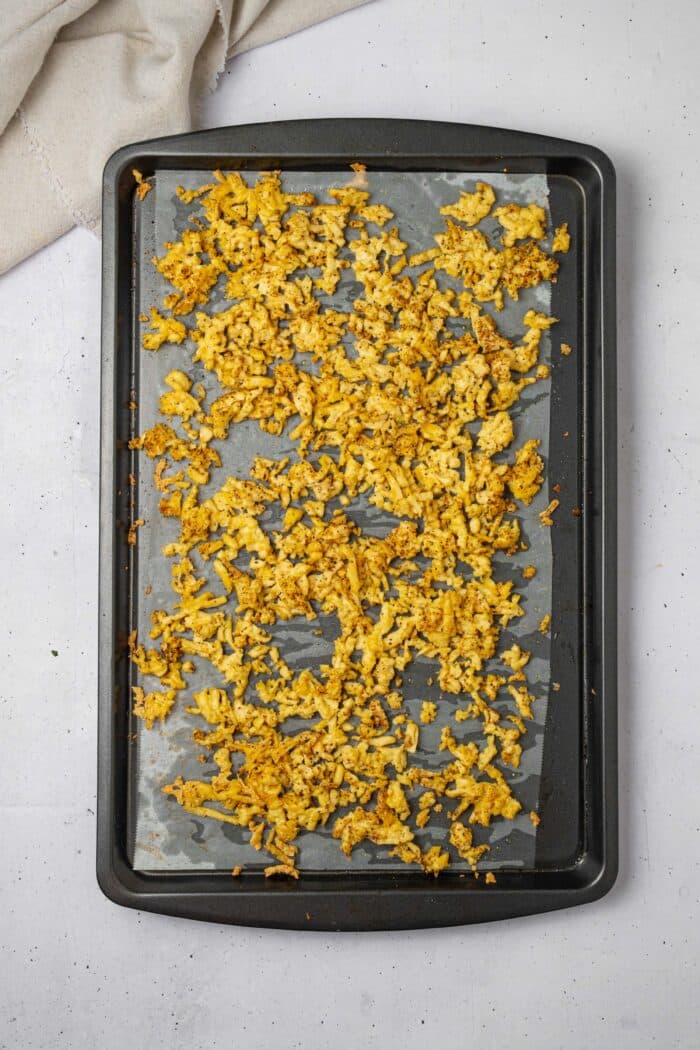 The crunchy shredded tofu fresh out of the oven.