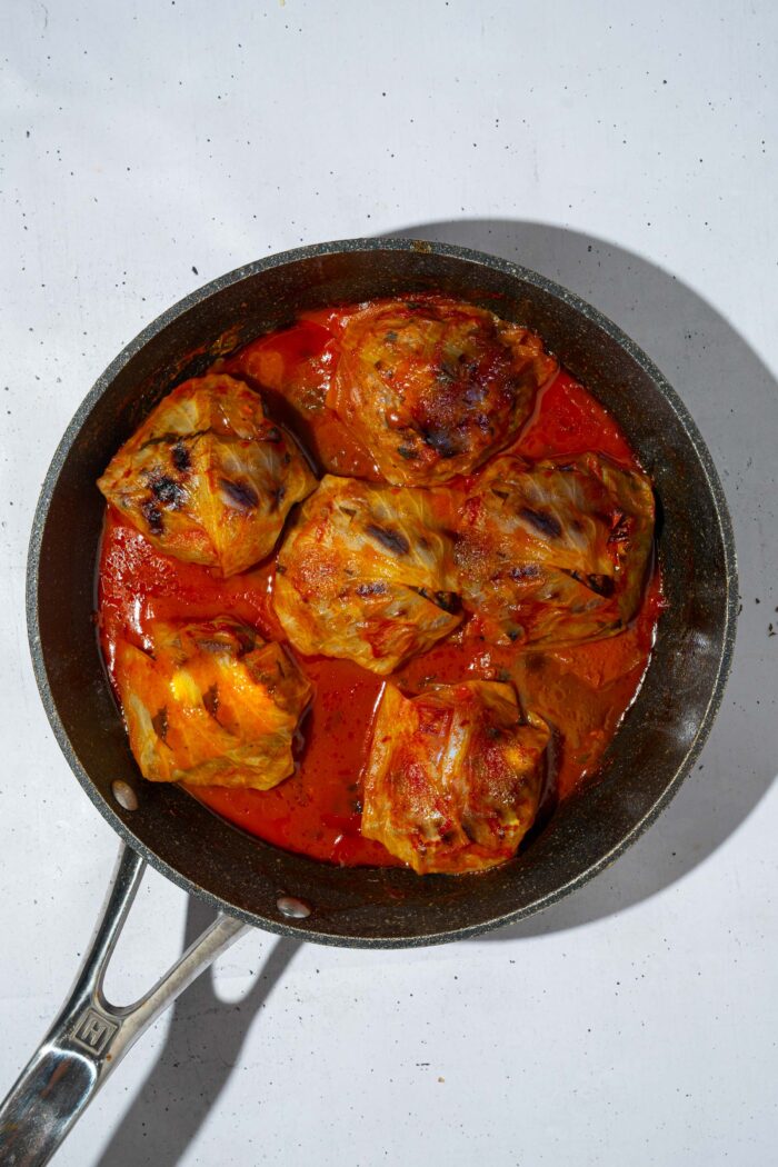 After cooking, the cabbage rolls should be slightly browned on top.